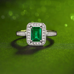 Vintage Rectangle Lab Created Emerald Silver Ring