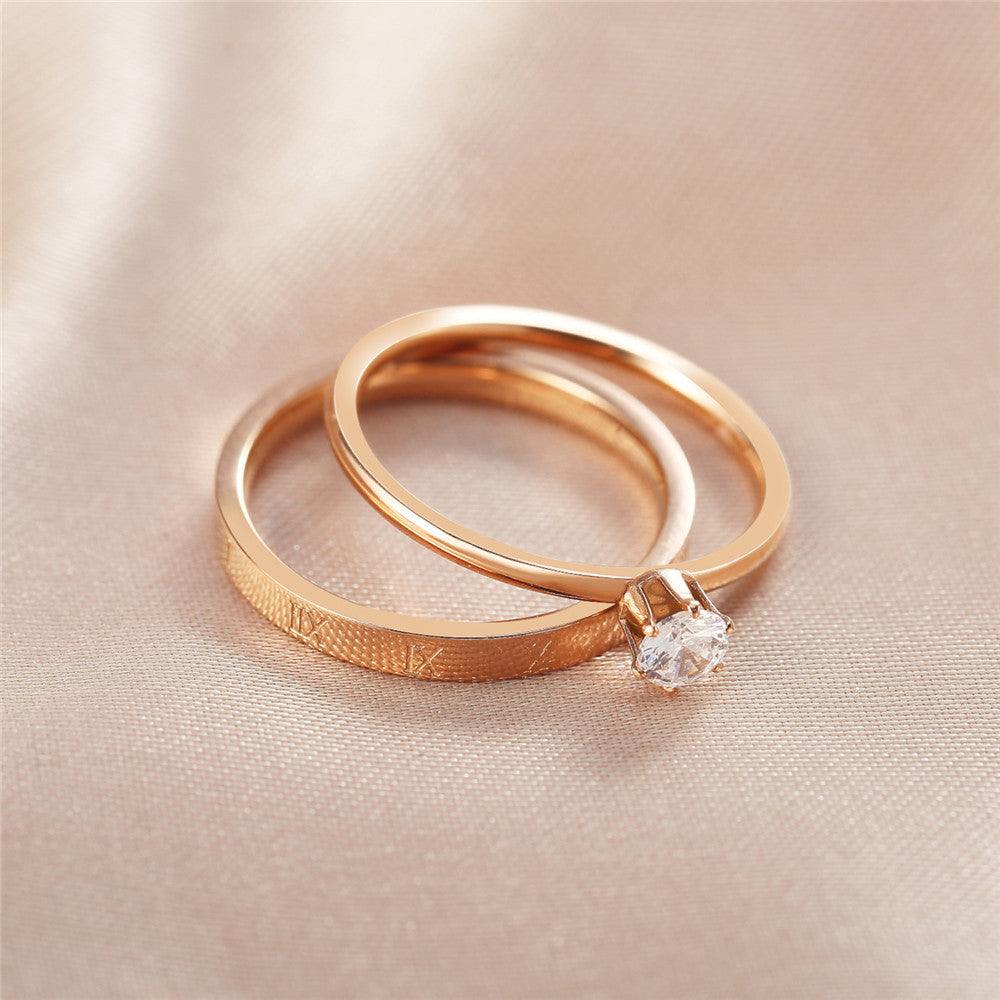 Summer Fashion Korean Edition Women's Rose Gold Small Ring Roman Digital Zircon Ring Joint Ring