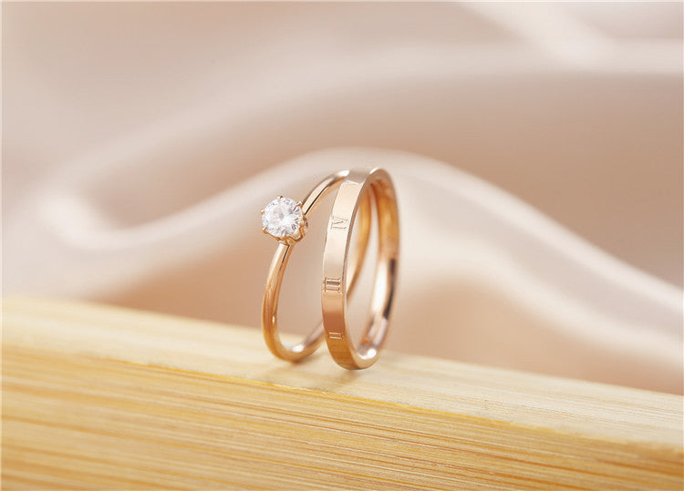 Summer Fashion Korean Edition Women's Rose Gold Small Ring Roman Digital Zircon Ring Joint Ring