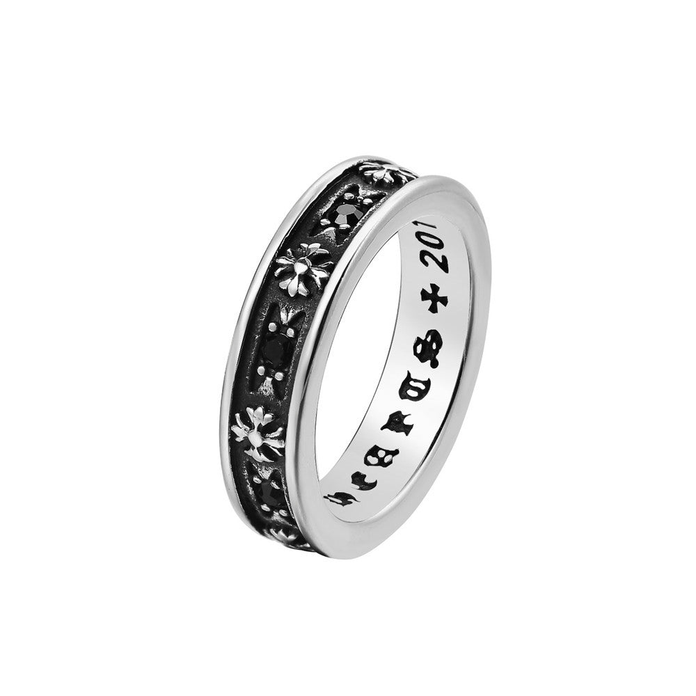 Cross Flower Zircon Titanium Steel Ring for Men