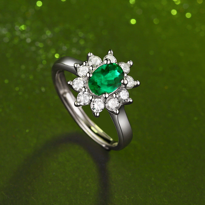 Lab-Created Emerald Oval Ice Cut Annular Petals Adjustable Open-ended Silver Ring for Women