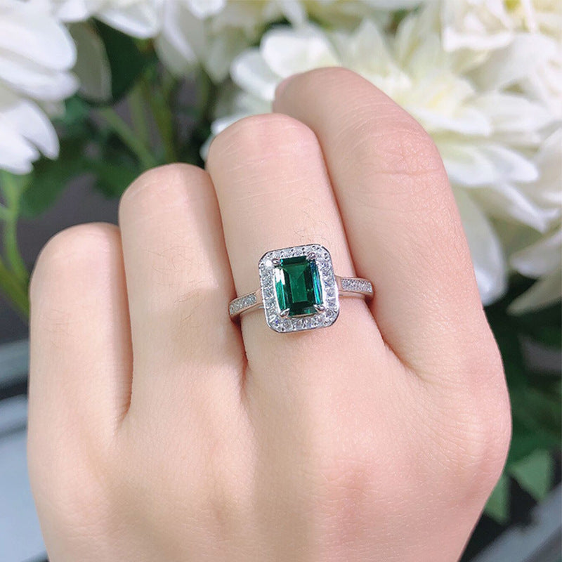 Vintage Rectangle Lab Created Emerald Silver Ring