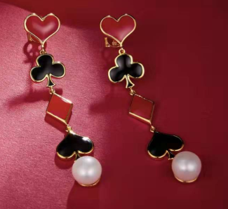 Poker Decor Pearls Enamel Drop Earrings