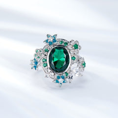 Oval Green Topaz Enamel Flower Ring