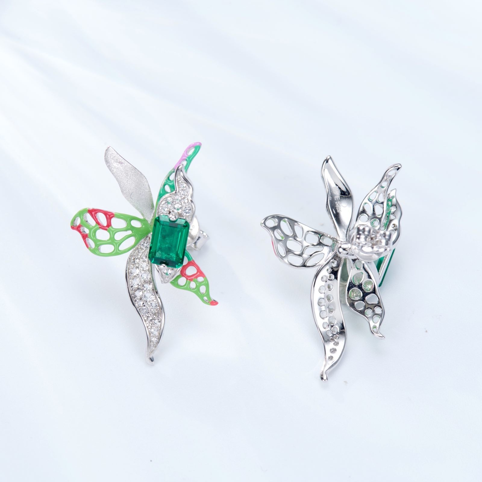 Butterfly Orchid Enamel Silver Studs Earrings