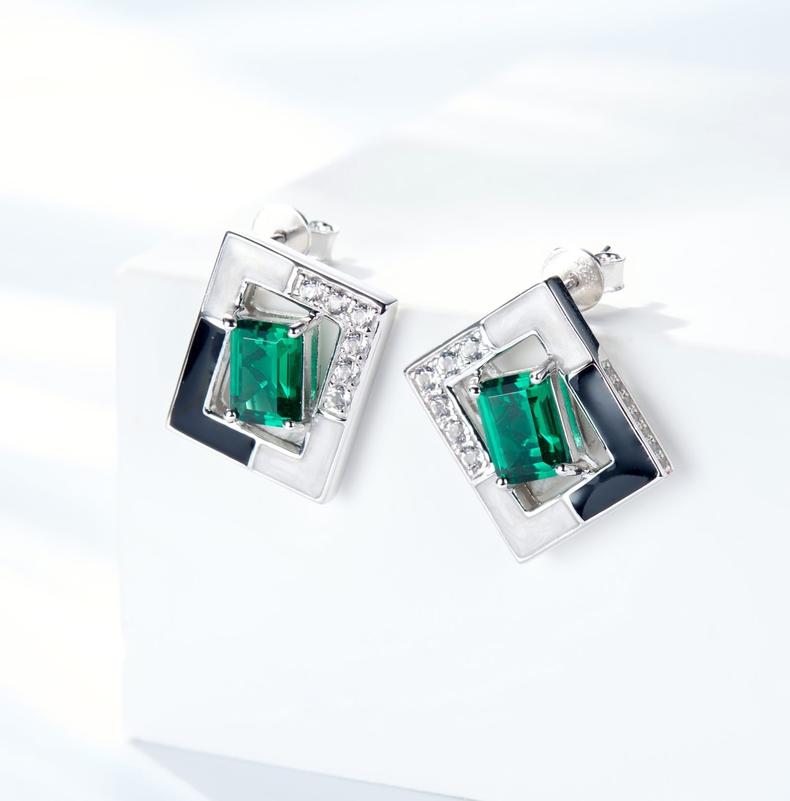 Black White Enamel Rectangle Green Zircon Studs