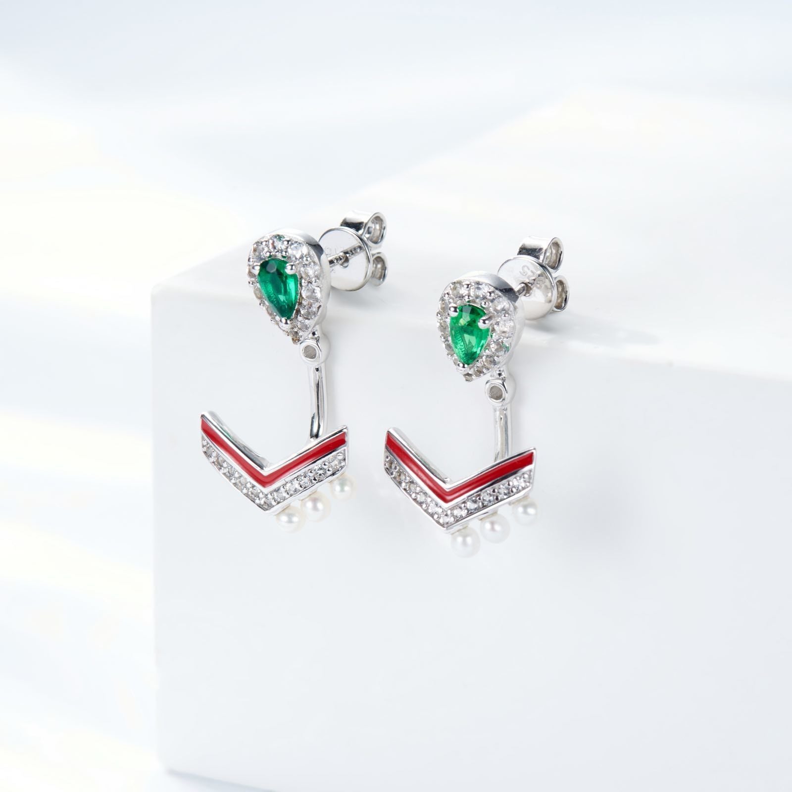 Green Spinel V Shape Pearl Enamel Drop Earrings