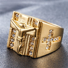 Golden Jesus Crucifix Zircon Titanium Steel Ring for Men