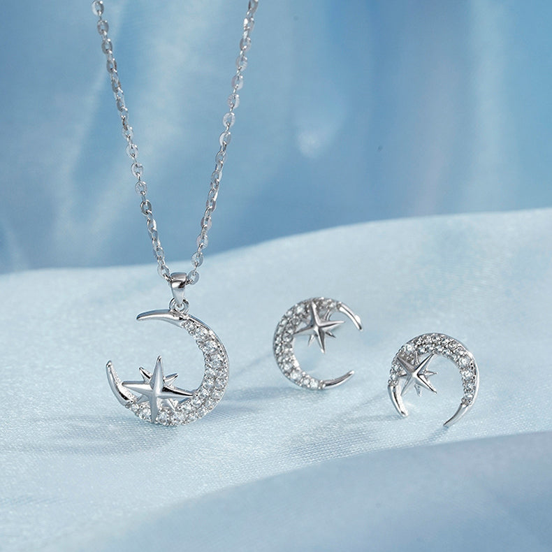 Zircon Crescent Moon Star Silver Necklace Earrings Set