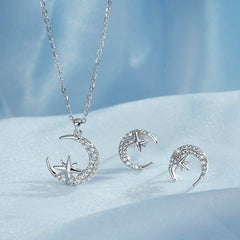 Zircon Crescent Moon Star Silver Necklace Earrings Set