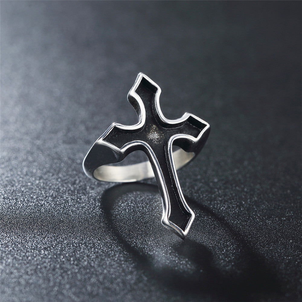 Black Holy Spirit Latin Cross Titanium Steel Ring for Men