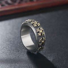 Row of Oblique Cross Flower Rotating Titanium Steel Ring for Men