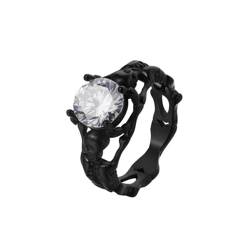 Halloween Skeleton Round Zircon Titanium Steel Ring for Men