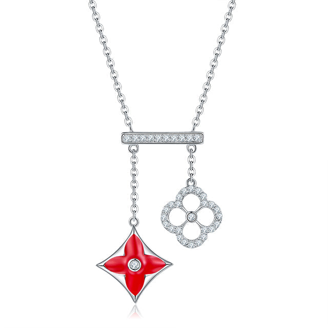 Double Clover Red Enamel Silver Necklace