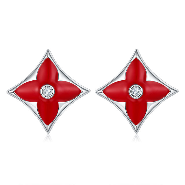 Red Clover Rhombus Enamel Silver Stud Earrings