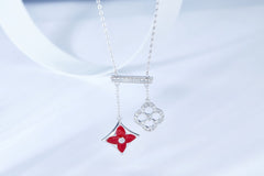 Double Clover Red Enamel Silver Necklace