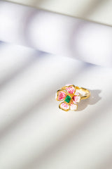 Golden Peach Blossom Enamel Ring for Women