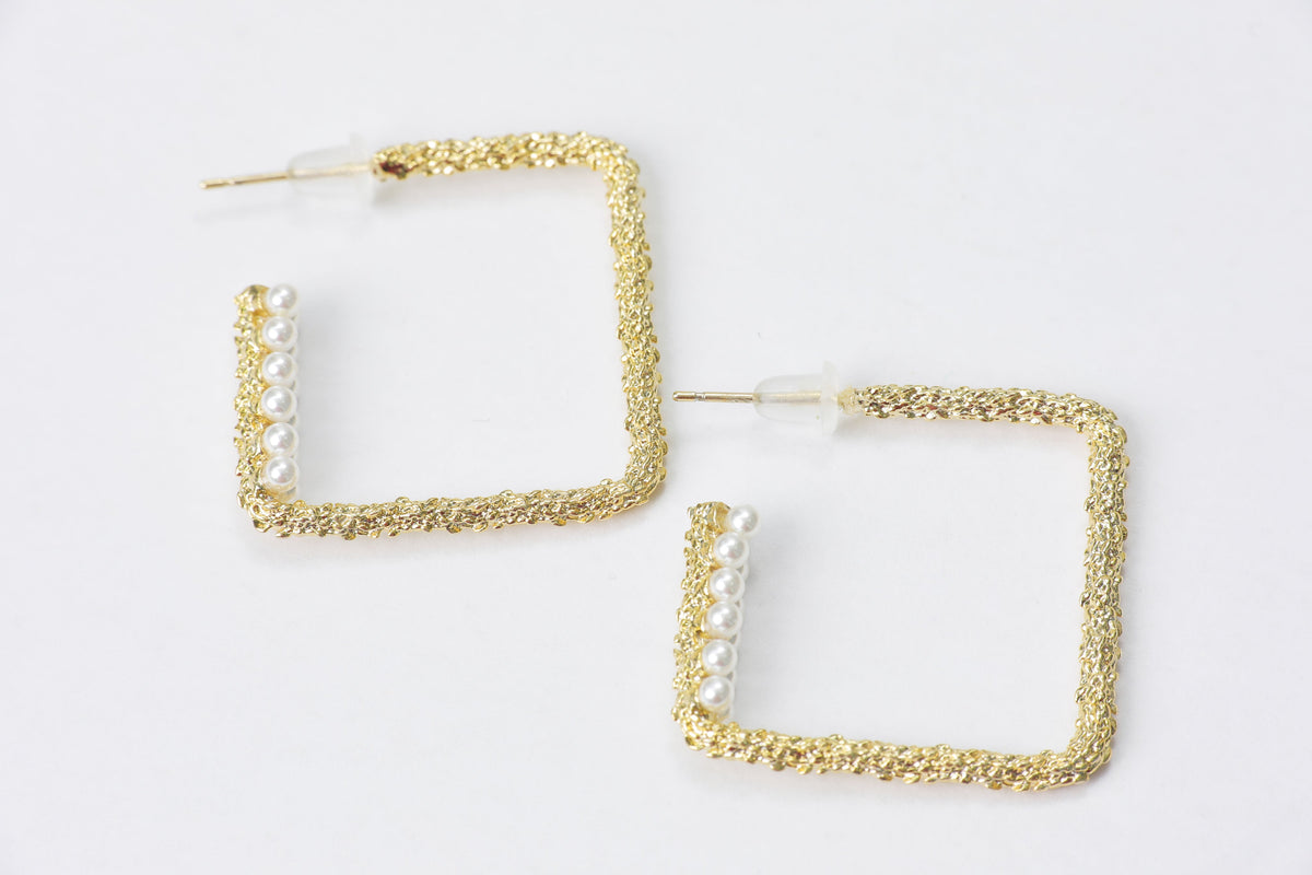 Golden Pearl Block Style Hoops Earrings