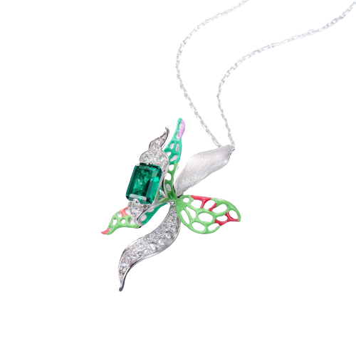 Butterfly Orchid Enamel Silver Necklace