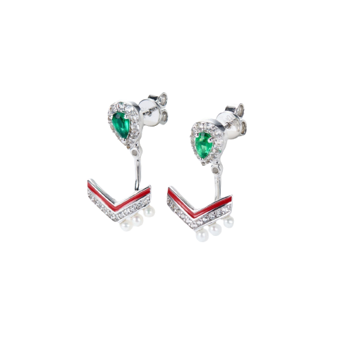 Green Spinel V Shape Pearl Enamel Drop Earrings