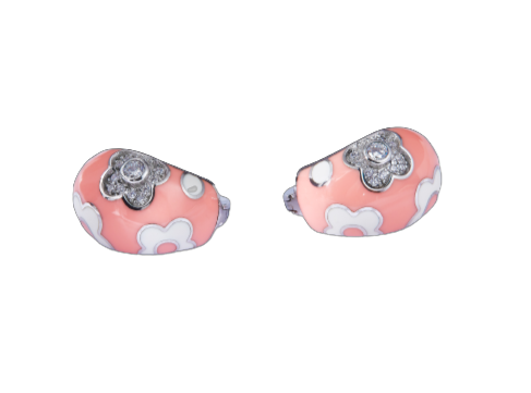 Pink Enamel Daisy Flower Silver Stud Earrings