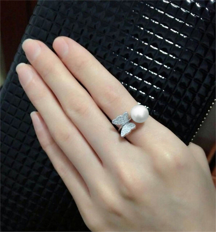 Zircon Butterfly with Freshwater Pearl Silver Ring