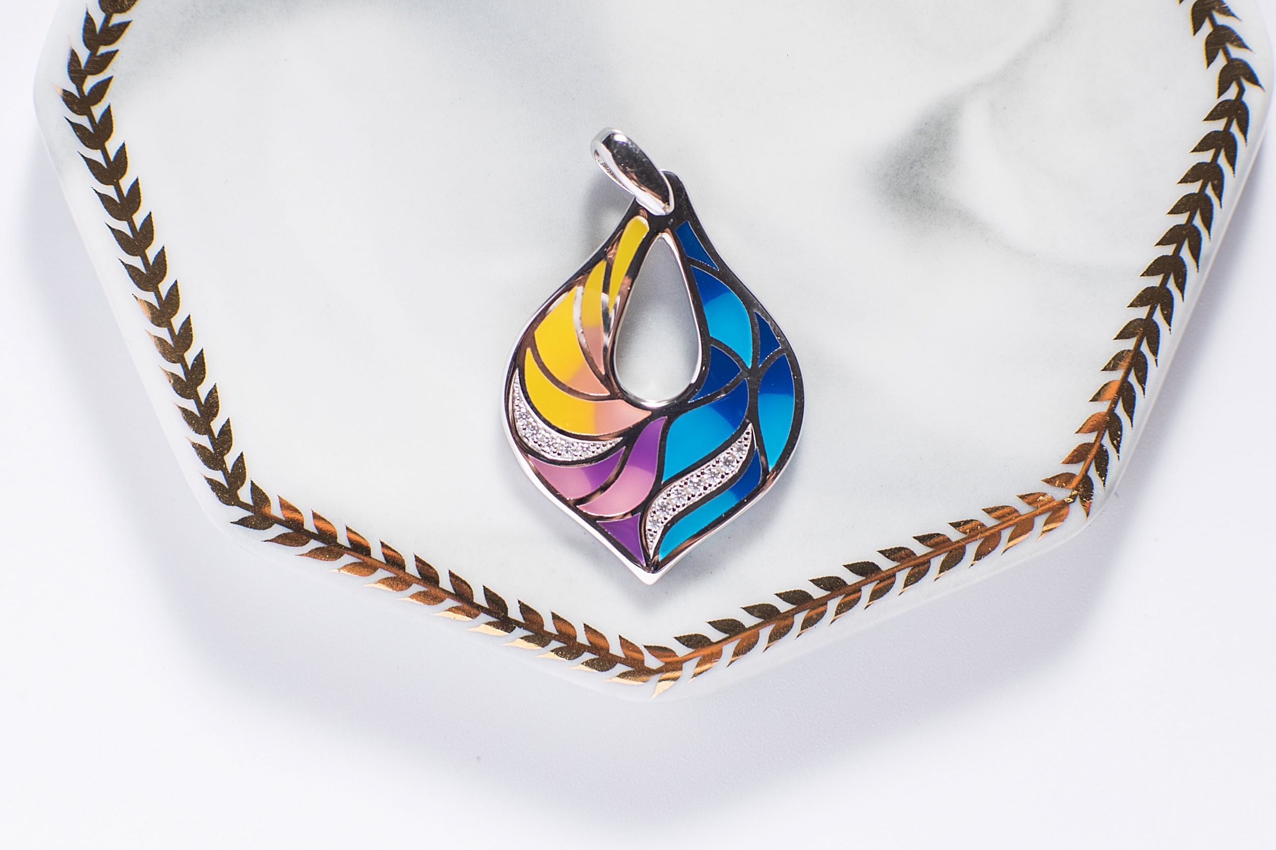 Veins of Leaf Colourful Enamel Silver Pendant