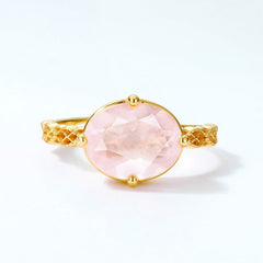 Oval Pink Crystal Woven Pattern Opening Silver Ring