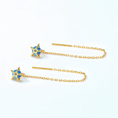Round Blue Spinel Geometric Hollow Star Pendant Sterling Silver Ear Line Earrings