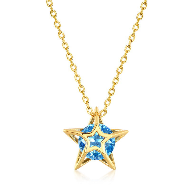 Round Blue Spinel Geometric Hollow Star Pendant Sterling Silver Necklace