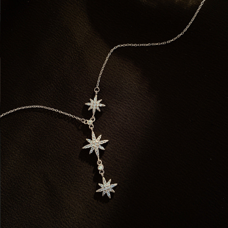 Three Zircon Star Silver Necklace for Women