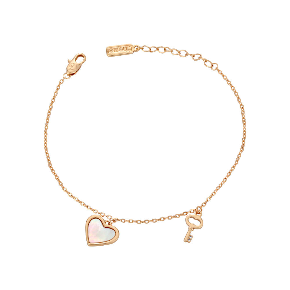 Heart Mother of Pearl with Key Silver Bracelet for Women