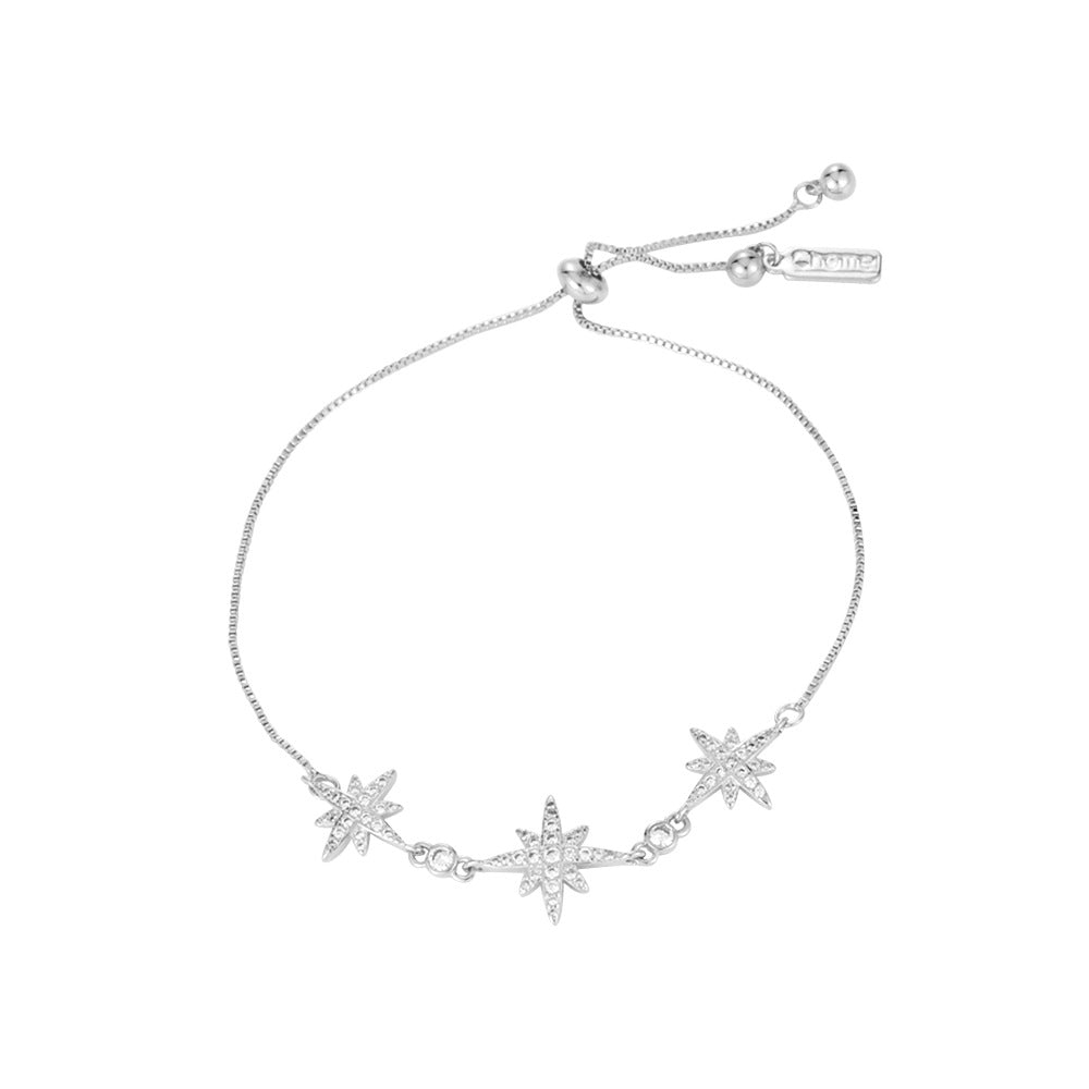 Three Zircon Octagonal Stars Silver Bracelet for Women