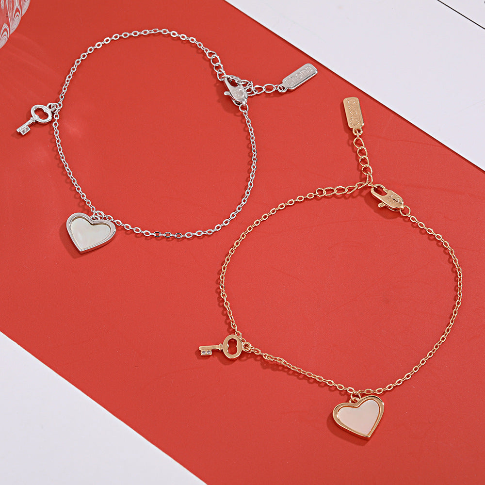 Heart Mother of Pearl with Key Silver Bracelet for Women