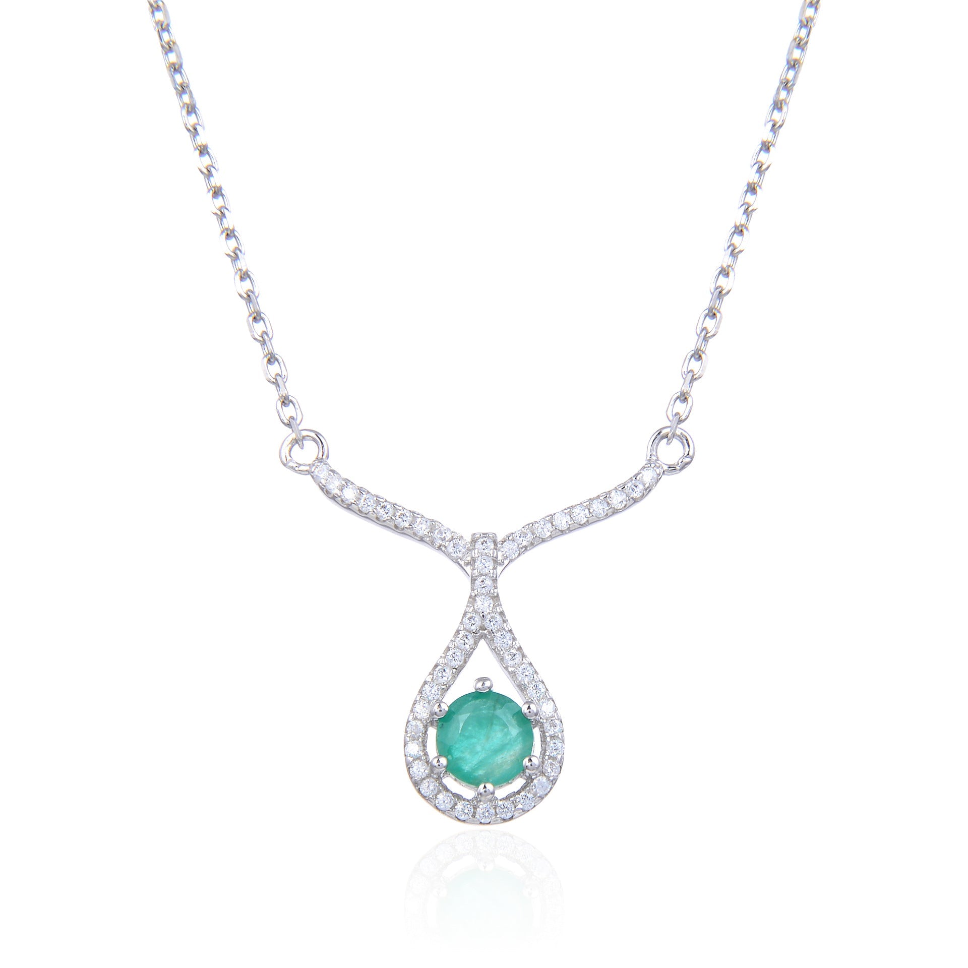 V Shape Water Droplet Round Cut Natural Gemstone Silver Necklace