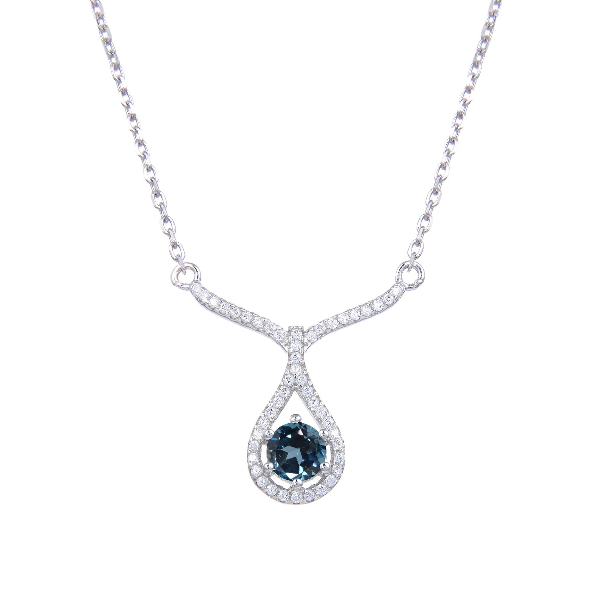 V Shape Water Droplet Round Cut Natural Gemstone Silver Necklace