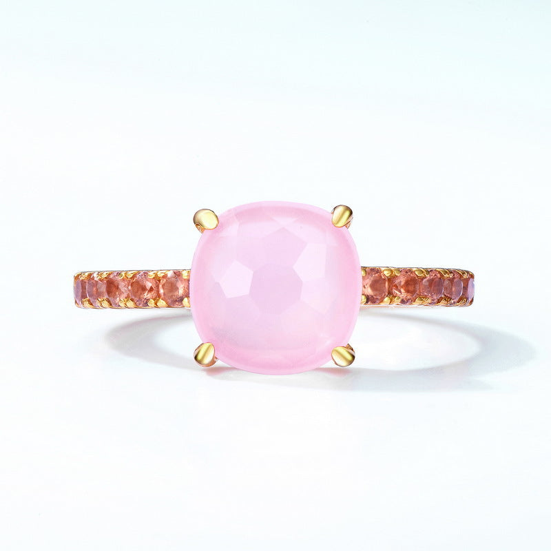 Geometric Round Cut Pink Crystal Silver Ring