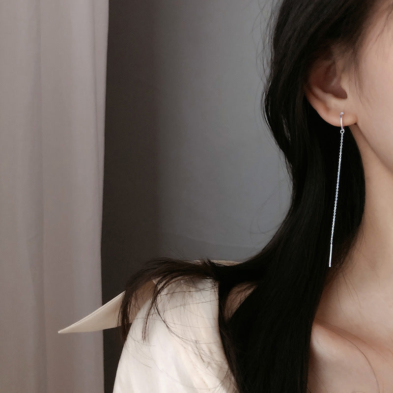 Two Wearing Long Tassle Ear Clip Silver Drop Earrings for Women