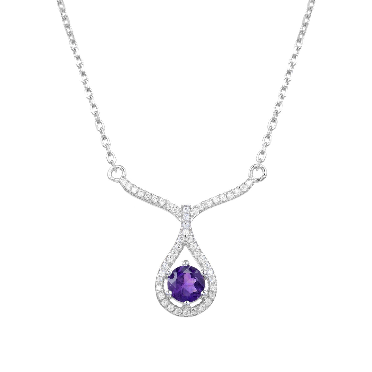 V Shape Water Droplet Round Cut Natural Gemstone Silver Necklace