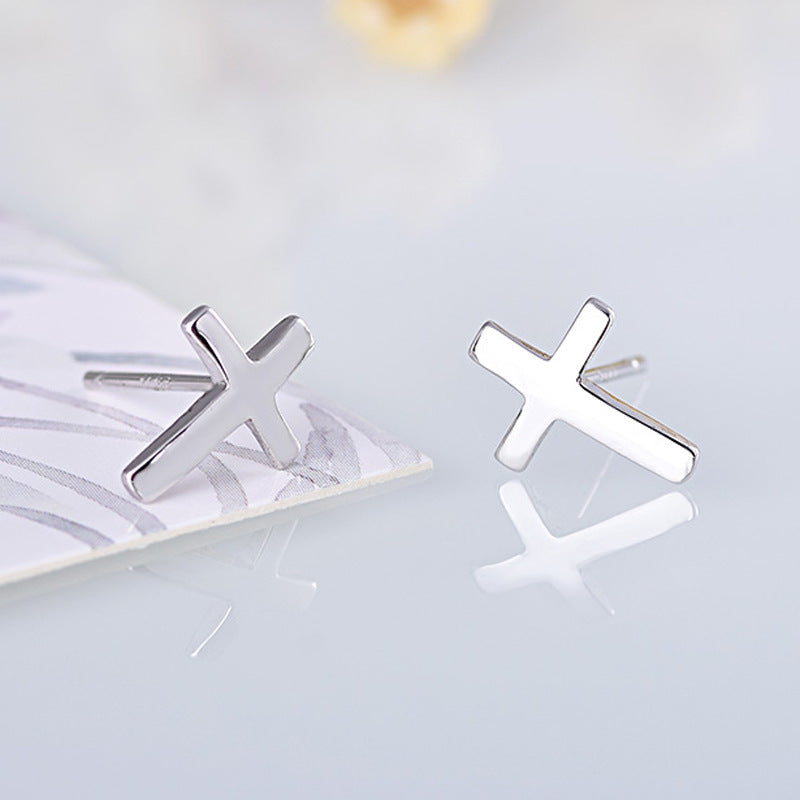 Glossy Cross Silver Studs Earrings for Women