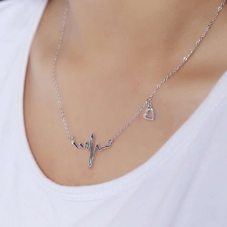 Smooth Heartbeat Pendant Silver Necklace for Women