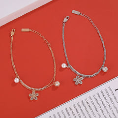 Zircon Flower with Pearl Double-layer Silver Bracelet for Women