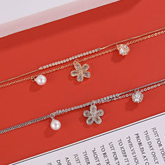 Zircon Flower with Pearl Double-layer Silver Bracelet for Women