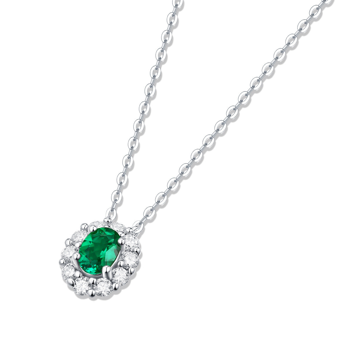 (1.0CT) Lab-Created Emerald Oval Ice Cut Soleste Halo Pendants Silver Necklace for Women