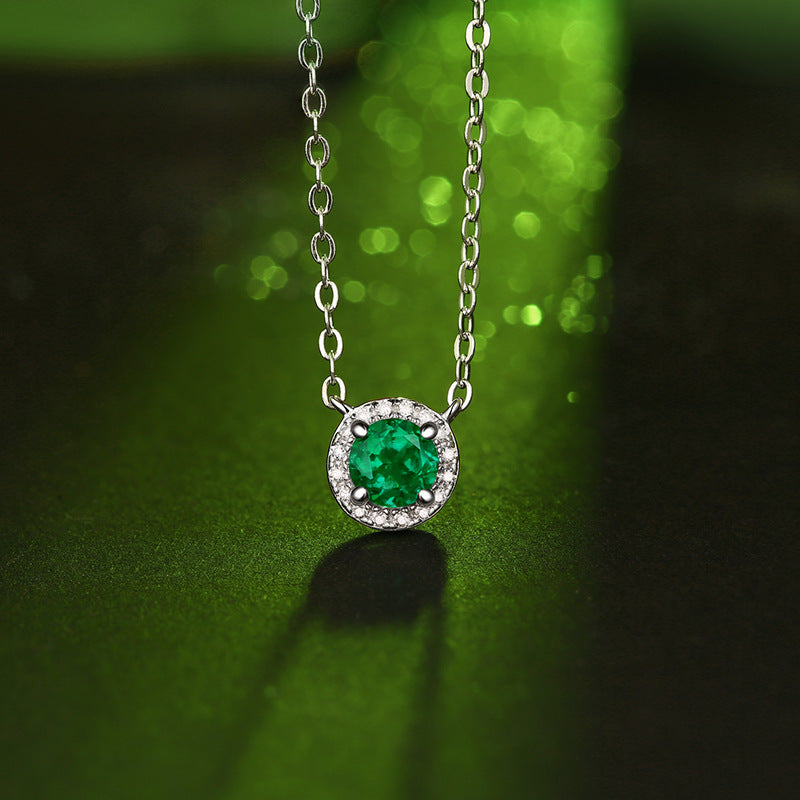 (0.5CT) Lab-Created Emerald Round Ice Cut Solitaire Pendants Necklace for Women