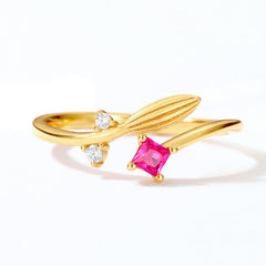 Paddy Rice Square Red Corundum Zircon Opening Sterling Silver Ring