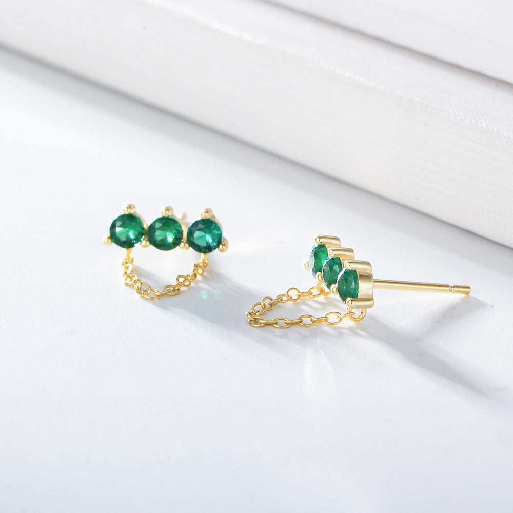 Green Zircon with Tassel Chain Silver Studs Earrings for Women