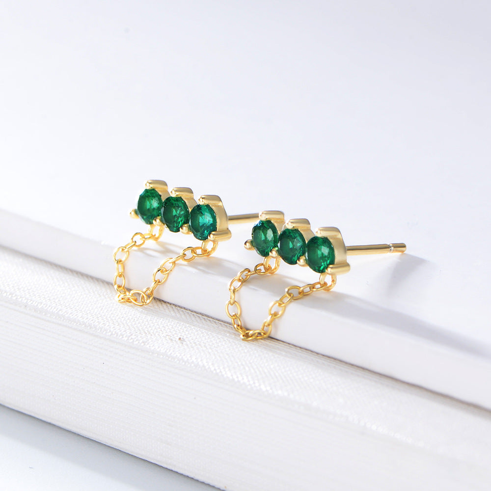 Green Zircon with Tassel Chain Silver Studs Earrings for Women