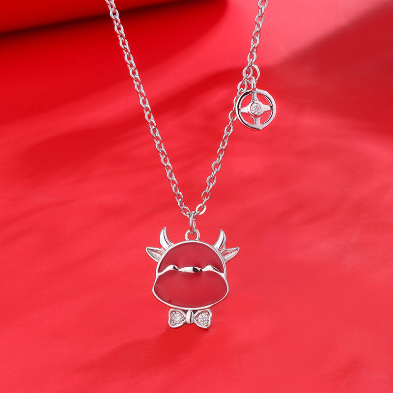 Red Cow with Zircon Pendant Silver Necklace for Women