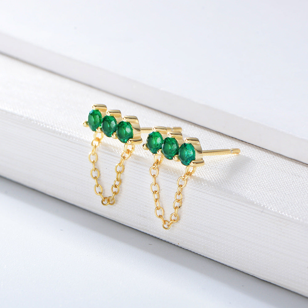 Green Zircon with Tassel Chain Silver Studs Earrings for Women